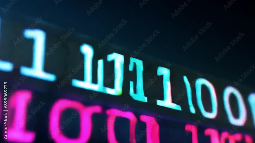Poster Binary code displayed in blue and pink on a black background.