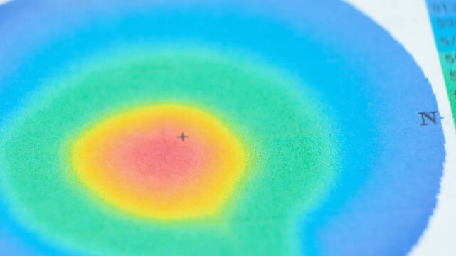 Results of the examination of the thickness and curvature of the cornea in a patient with keratoconus.