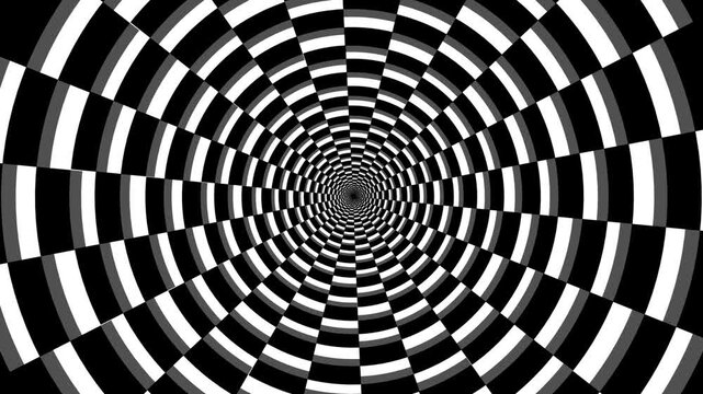 Circular tunnel rectangular chess black and white rotating, checker board 3d animation, optical illusion loop footage abstract background for vj, dj, template, meditation, intro and outro video.