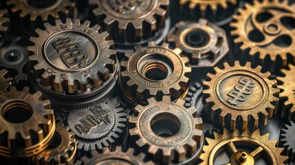 abstract concept with various sizes of gears and cogs, each engraved with a financial symbol, interlocking to represent budget mechanics