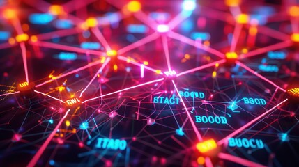Obraz premium abstract image of a complex network of neon lights, each junction labeled with a financial term, symbolizing interconnected budget areas