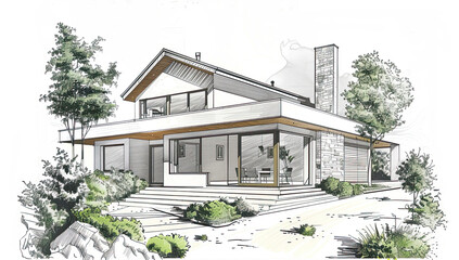 Architectural project with detailed modern house model on white backgrounds.