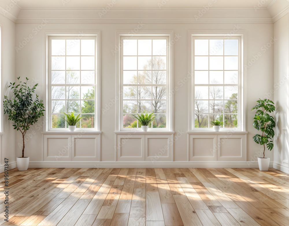 Wall mural empty room features three large windows that showcase natural light pouring onto the hardwood floors