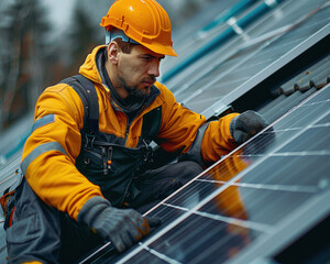 Professional photo of a worker installing solar panels a roof on a new built house, under construction.