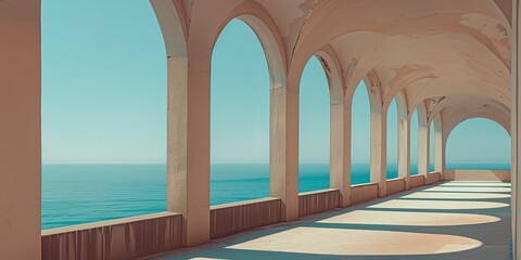 A long, narrow walkway with arched openings leading to the ocean. The view of the water is clear and calm