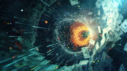 abstract representation of a financial vortex with swirling currency notes and digital data streams, set in a dark, space-themed environment