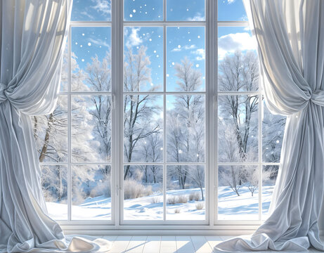 Fototapeta The white curtains are perfectly framing the breathtaking view of the snowy winter landscape outside. Scene for photo zone.