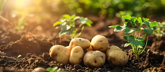 A close up of potatoes growing in the ground and a pile of potatoes, with sunlight shining on them and a blurred background of potato plantation. 