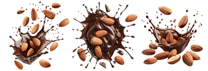 Set of delicious almonds splashing into chocolate, cut out