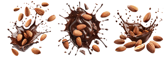 Set of delicious almonds splashing into chocolate, cut out