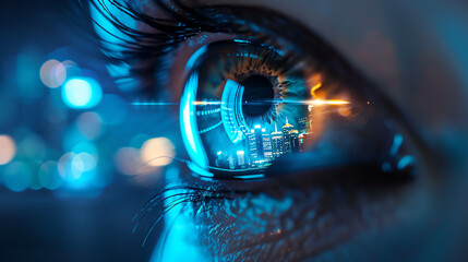 Eye with a futuristic cityscape reflection, embodying the future of business and innovation