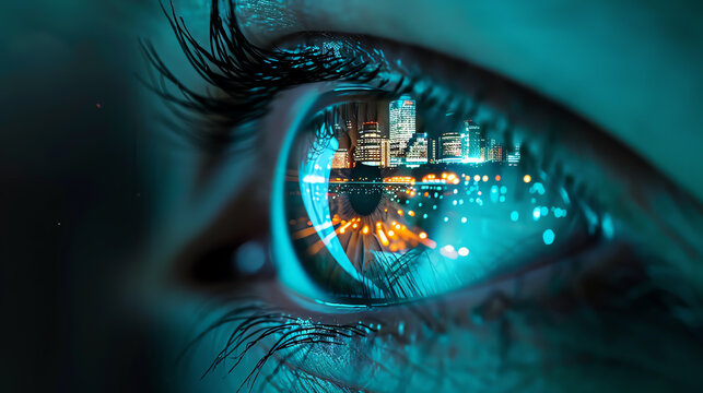 Eye with a futuristic cityscape reflection, embodying the future of business and innovation