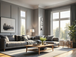 Naklejka premium Perfect modern and simple bright elegant luxury interior and cityscape view. Luxurious loft city center home, top apartment cozy amazing living room, decoration, sofa, lamps, windows. Generative AI