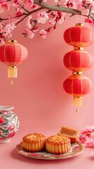 Moon cake for Mid autumn festival, Retro vintage style of Vietnamese traditional food and dessert. red flashlight. pink