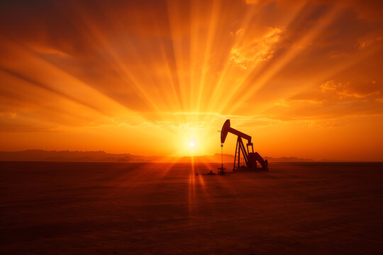 Oil pumpjack operating in a vast desert landscape during sunset