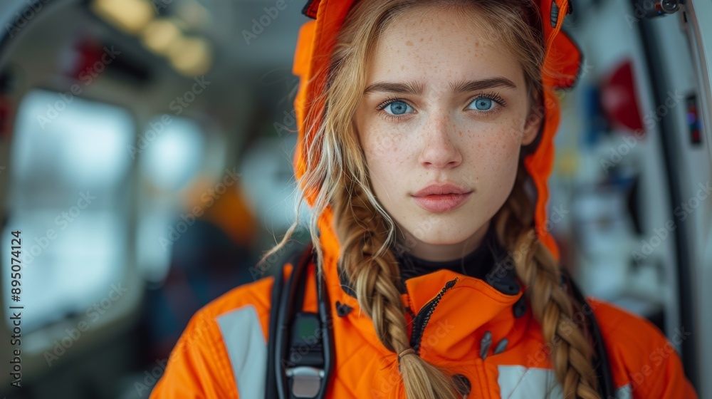 Wall mural Young Woman In Orange Jacket Looking Directly At Camera