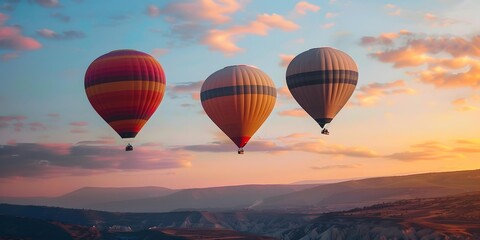 Fototapeta premium Three Hot Air Balloons Flying Over Mountains During Sunset