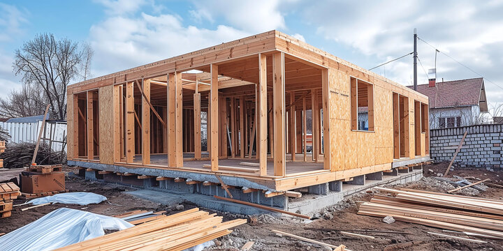 Production of new wooden modular houses. Construction site