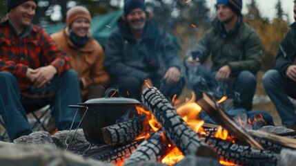 Fototapeta premium A group of people sitting around a fire, with a pot of food on the fire