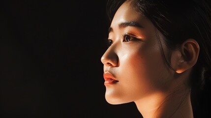 Fototapeta premium Profile portrait of young woman with calm expression, illuminated by soft light against a dark background.