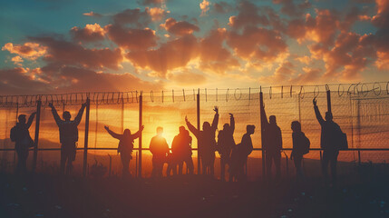 Silhouetted figures at a fence during a sunset, representing themes of freedom, migration, and hope with a dramatic sky.