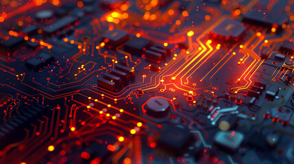 A close-up view of a circuit board with glowing orange and red lines, representing advanced technology and modern electronics.