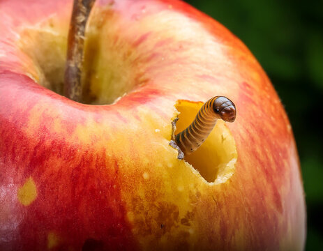 Close-up with a worm coming out of an apple