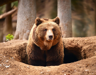 Obraz premium A brown bear coming out of the den