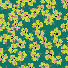 Seamless floral pattern, liberty ditsy print with autumn, winter motifs. Romantic botanical arrangement of small hand drawn wild plants: yellow flowers, leaves, branches on a dark background.