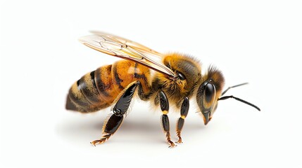 A bee on a white background. The bee is in focus and sharp, with its wings spread out.