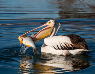 A pelican eating a fish, a pelican with a fish in its beak