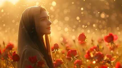 St. Therese in a serene meadow, with vibrant roses falling softly from the sky, golden sunlight filtering through, peaceful and divine atmosphere natural look