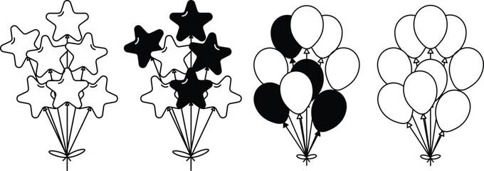 Balloons flying up. Air balloons groups, festive decorations floating. Balloons bunches, bundles. Festive decorations floating, soaring. Helium balloons decor on strings.vector eps10 © JunnU studio