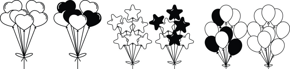 Balloons flying up. Air balloons groups, festive decorations floating. Balloons bunches, bundles. Festive decorations floating, soaring. Helium balloons decor on strings.vector eps10 © JunnU studio