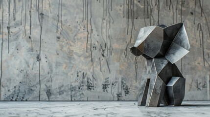 A stylized, metallic sculpture of a dog sits in front of a gray, textured wall