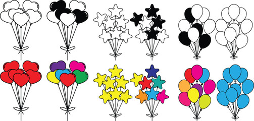 Balloons flying up. Air balloons groups, festive decorations floating. Balloons bunches, bundles. Festive decorations floating, soaring. Helium balloons decor on strings.vector eps10 © JunnU studio