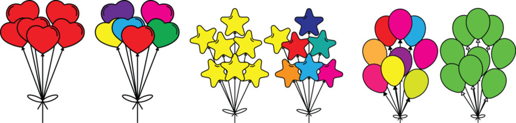 Balloons flying up. Air balloons groups, festive decorations floating. Balloons bunches, bundles. Festive decorations floating, soaring. Helium balloons decor on strings.vector eps10 © JunnU studio