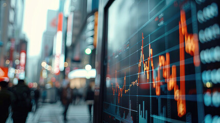 Fototapeta premium stock market display screen with the rising line graph, displaying growth in business on city street background. 