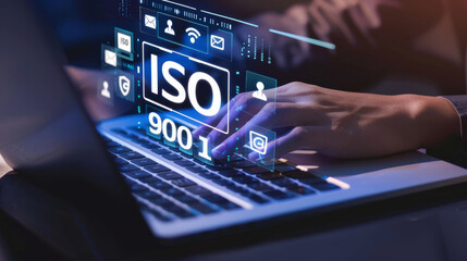 The hand of a businessman using a laptop with security icons and the text "ISO 9001" on a virtual screen,