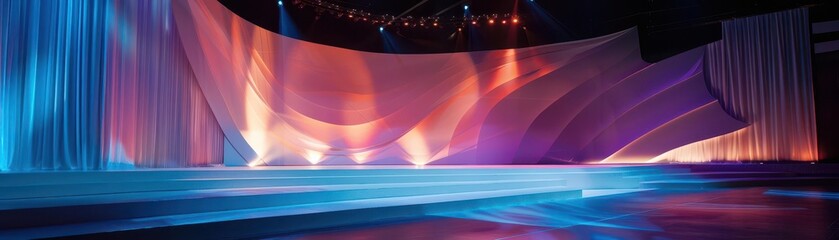 Abstract stage with blue and pink lighting and  flowing fabric drapes.