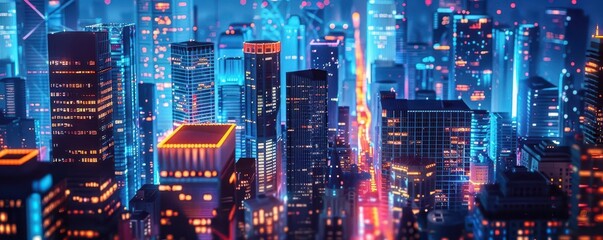 Vibrant nighttime cityscape with colorful billboards and neon lights.