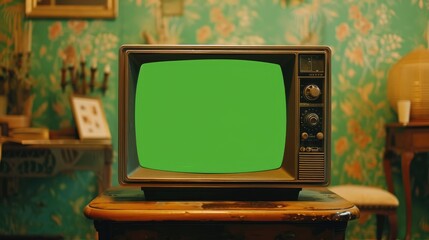 Retro vintage portable television in old style interior with chroma key green screen