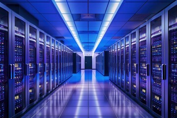 Fototapeta premium Server Room Interior with Blue Lights.