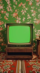 Retro vintage portable television in old style interior with chroma key green screen