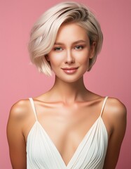 Naklejka premium studio portrait of a short hair young blonde woman wearing a white dress on pink background