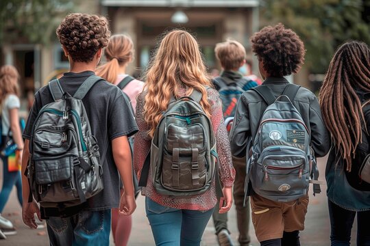 A group of students is walking together on a school campus, viewed from behind. High school entrance. Back to the school concept with copy space