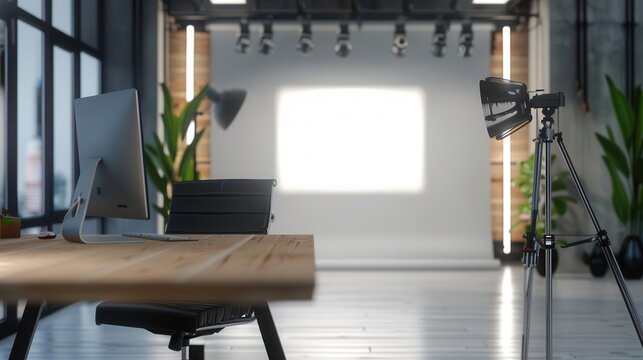 Modern studio workspace with a blank screen for branding and product mockups.