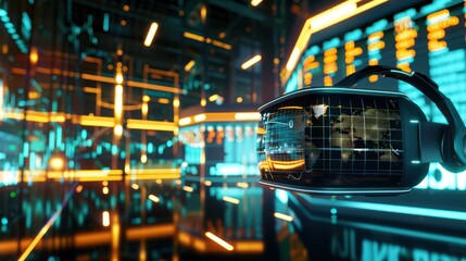 immersive virtual finance market, where users can engage in simulated trading and investment strategies using VR headsets