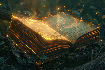 Illustration of a glowing magic book with spells and runes in a mystical forest setting