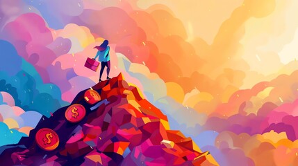 Fototapeta premium A woman stands on top of a mountain of money, looking out over a colorful landscape. She is holding a briefcase and wearing a determined expression.